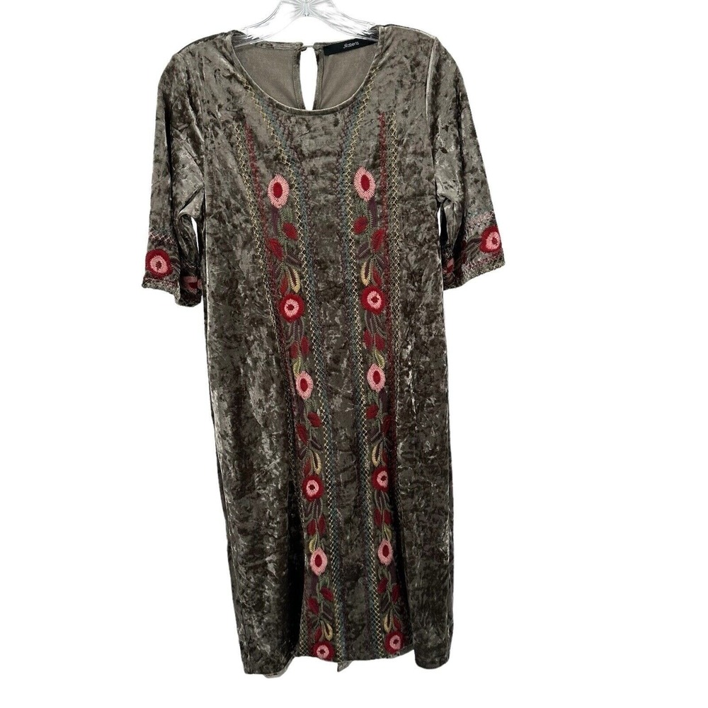 J Roberts Women Small Taupe Crushed Velvet Floral Embroidered Midi Dress Soft